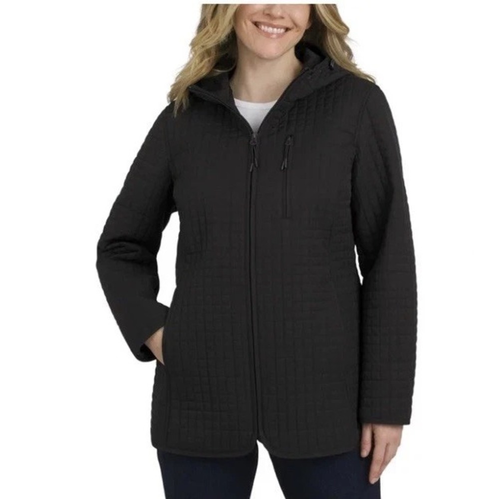 Lands End Womens Quilted Lightweight Jacket Black Small Hooded Full Zip